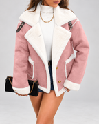 Women's Sherpa Lined Aviator Jacket with Buckle Straps and Lapel Collar