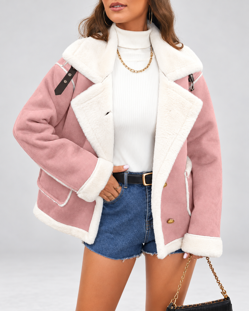Women's Sherpa Lined Aviator Jacket with Buckle Straps and Lapel Collar