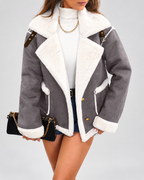 Women's Sherpa Lined Aviator Jacket with Buckle Straps and Lapel Collar