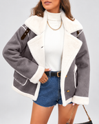 Women's Sherpa Lined Aviator Jacket with Buckle Straps and Lapel Collar