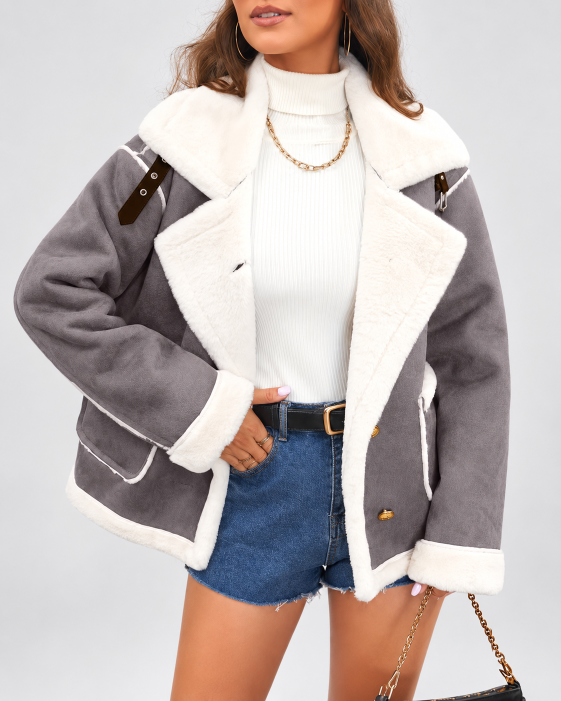 Women's Sherpa Lined Aviator Jacket with Buckle Straps and Lapel Collar