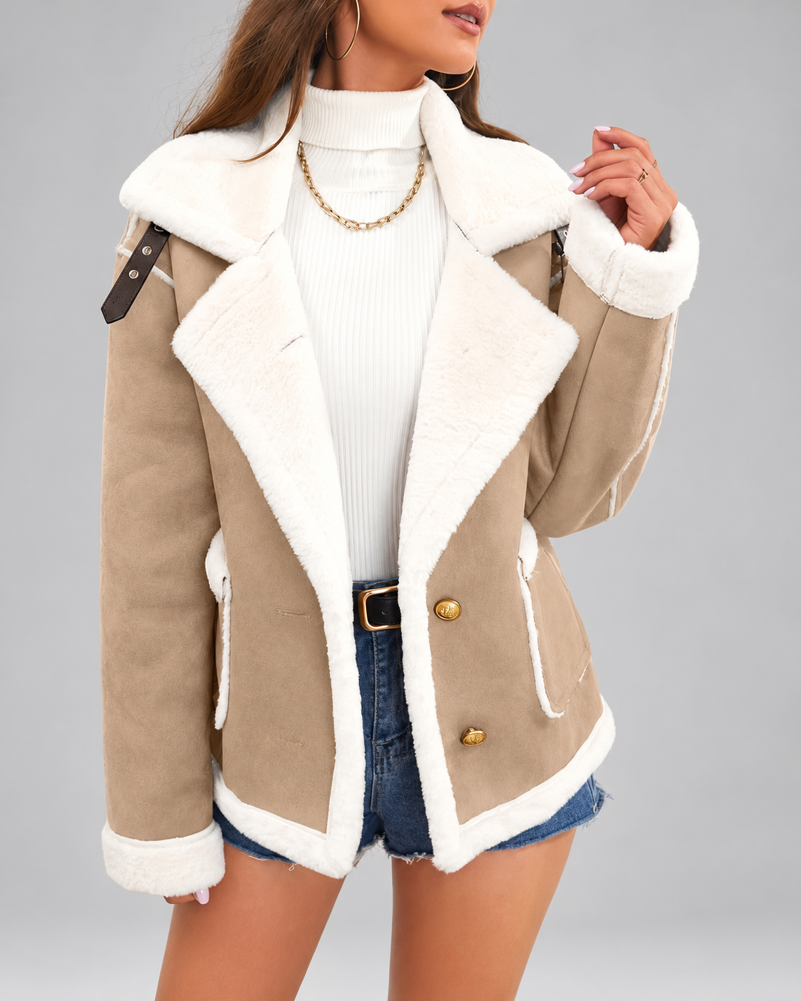 Women's Sherpa Lined Aviator Jacket with Buckle Straps and Lapel Collar