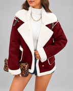 Women's Sherpa Lined Aviator Jacket with Buckle Straps and Lapel Collar
