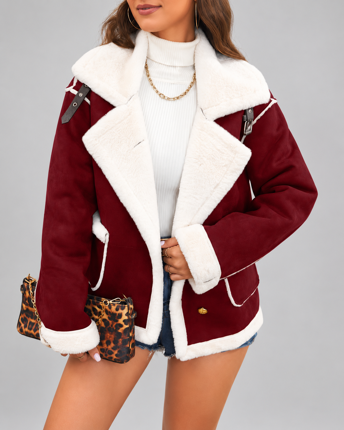 Women's Sherpa Lined Aviator Jacket with Buckle Straps and Lapel Collar