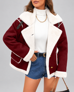 Women's Sherpa Lined Aviator Jacket with Buckle Straps and Lapel Collar