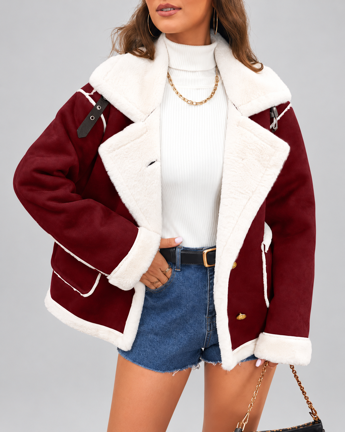 Women's Sherpa Lined Aviator Jacket with Buckle Straps and Lapel Collar