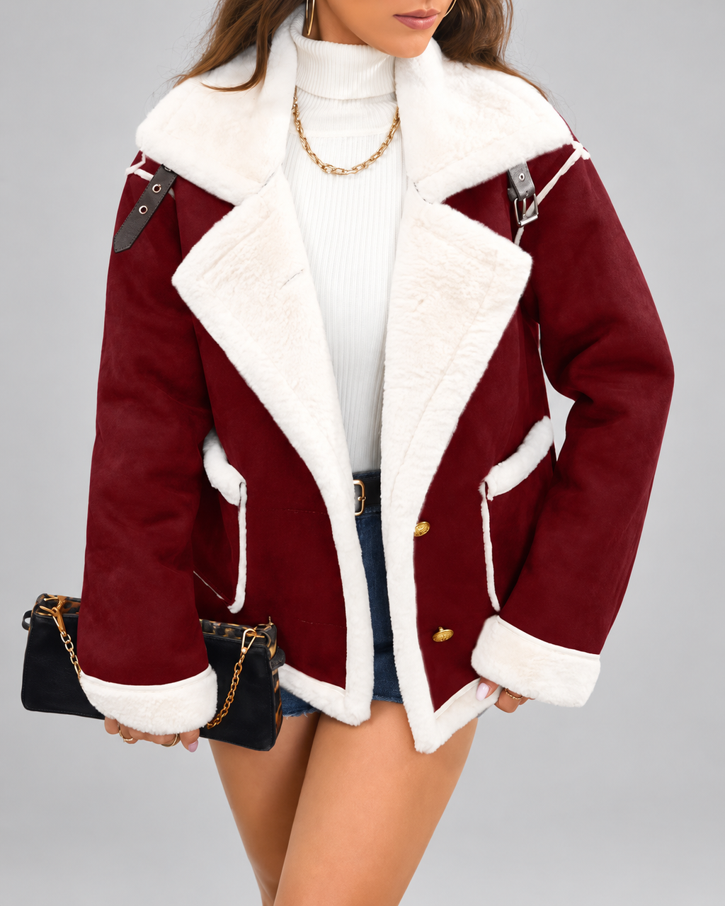 Women's Sherpa Lined Aviator Jacket with Buckle Straps and Lapel Collar