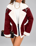 Women's Sherpa Lined Aviator Jacket with Buckle Straps and Lapel Collar