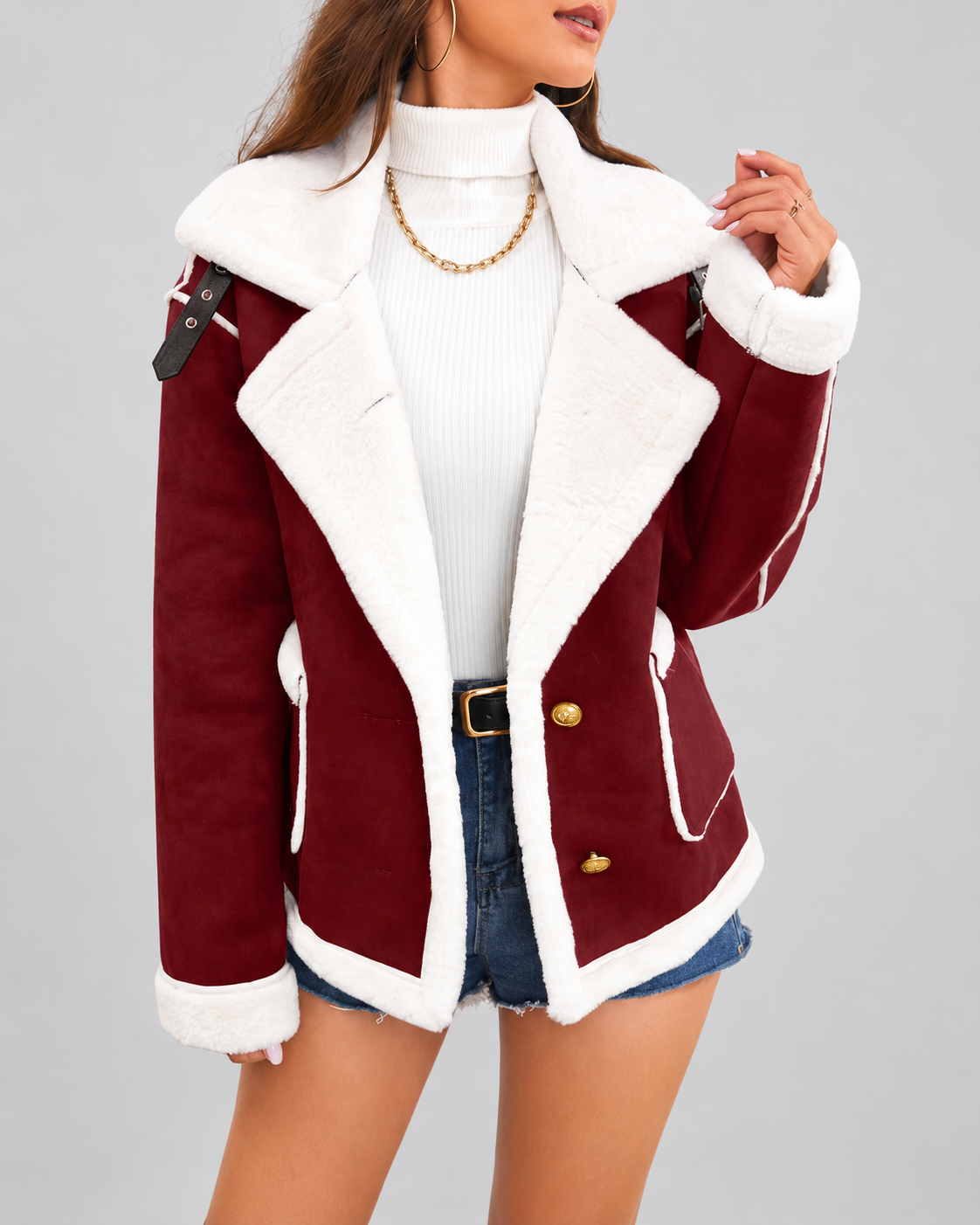 Women's Sherpa Lined Aviator Jacket with Buckle Straps and Lapel Collar