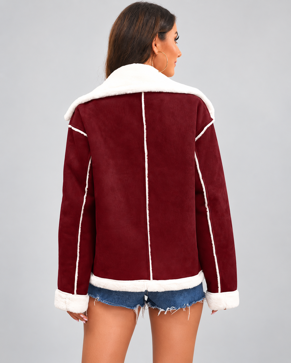 Women's Sherpa Lined Aviator Jacket with Buckle Straps and Lapel Collar