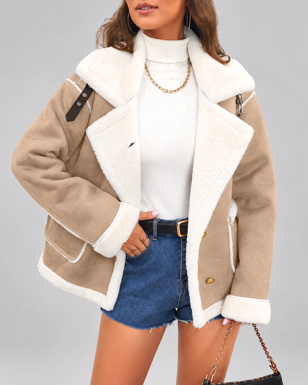Women's Sherpa Lined Aviator Jacket with Buckle Straps and Lapel Collar