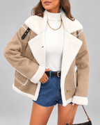 Women's Sherpa Lined Aviator Jacket with Buckle Straps and Lapel Collar