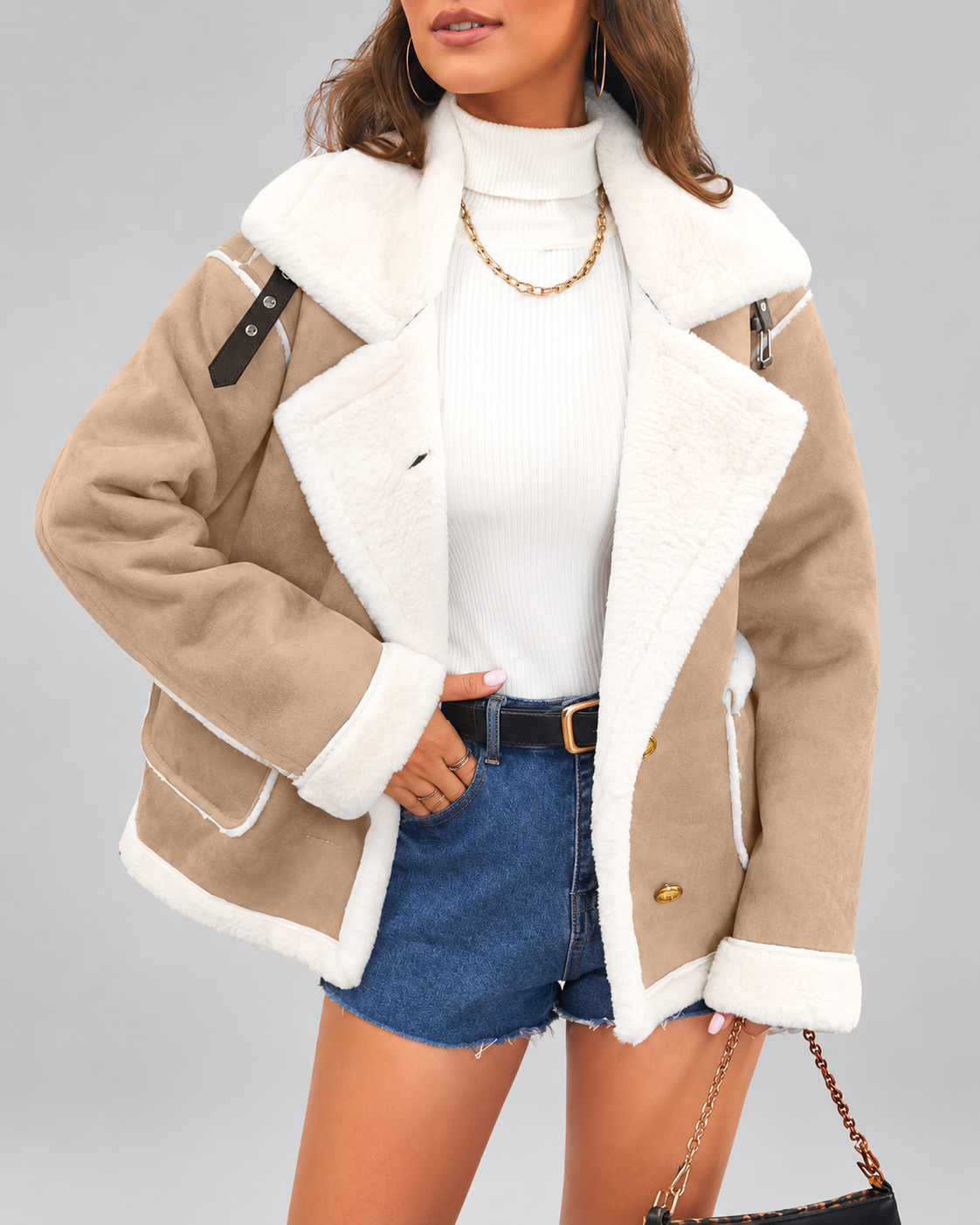 Women's Sherpa Lined Aviator Jacket with Buckle Straps and Lapel Collar