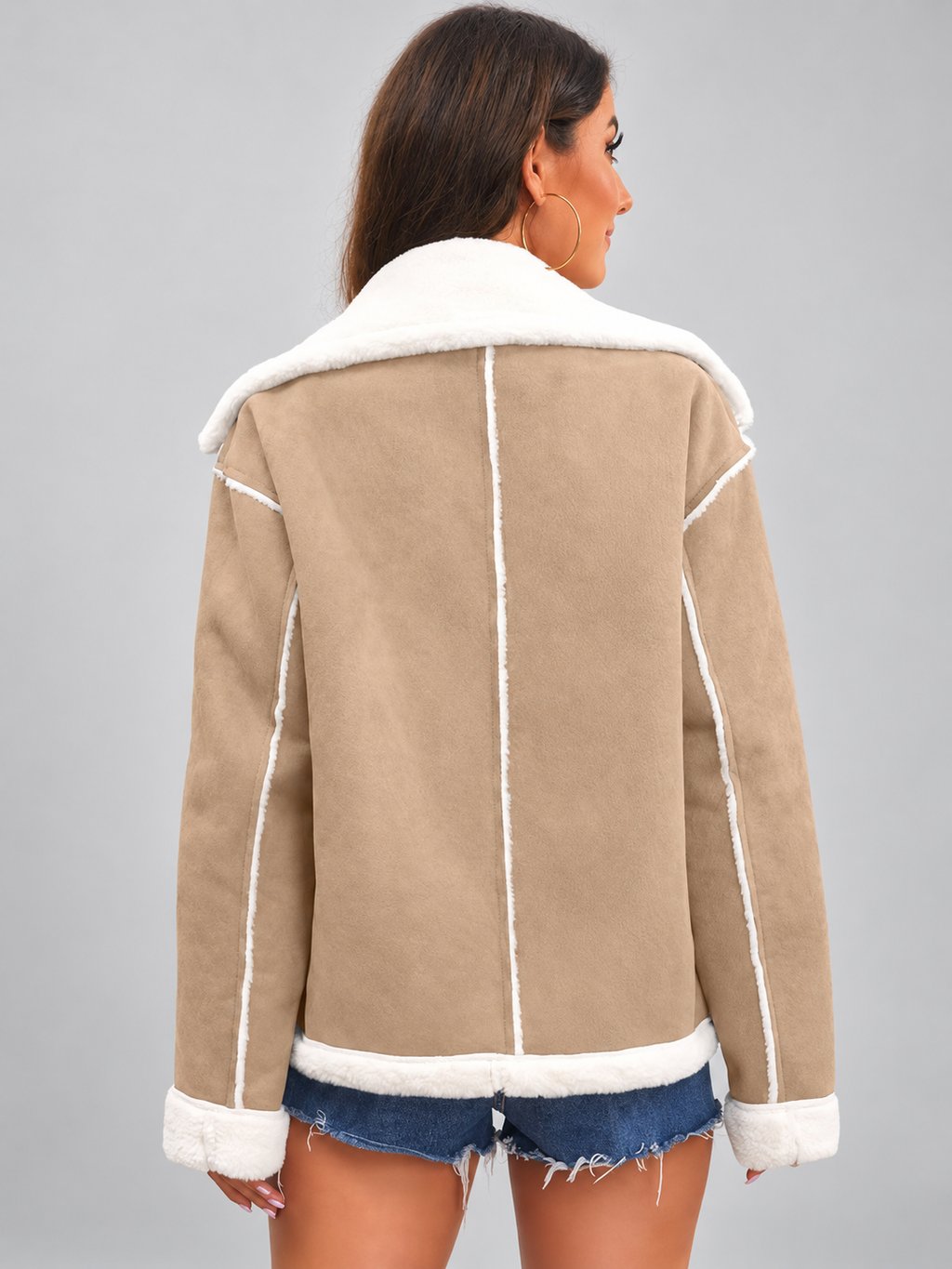 Women's Sherpa Lined Aviator Jacket with Buckle Straps and Lapel Collar