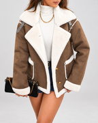Women's Sherpa Lined Aviator Jacket with Buckle Straps and Lapel Collar