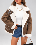 Women's Sherpa Lined Aviator Jacket with Buckle Straps and Lapel Collar