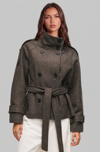 Women's Short Belted Coat with Funnel Neck and Double Breasted Front