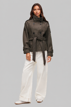 Women's Short Belted Coat with Funnel Neck and Double Breasted Front