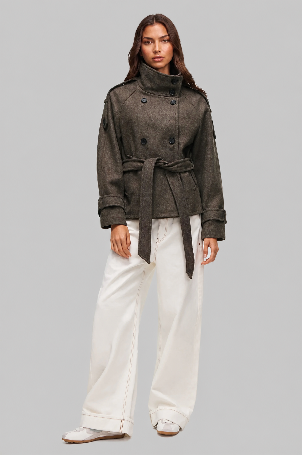 Women's Short Belted Coat with Funnel Neck and Double Breasted Front