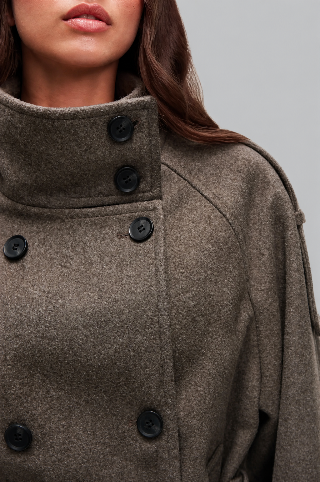 Women's Short Belted Coat with Funnel Neck and Double Breasted Front