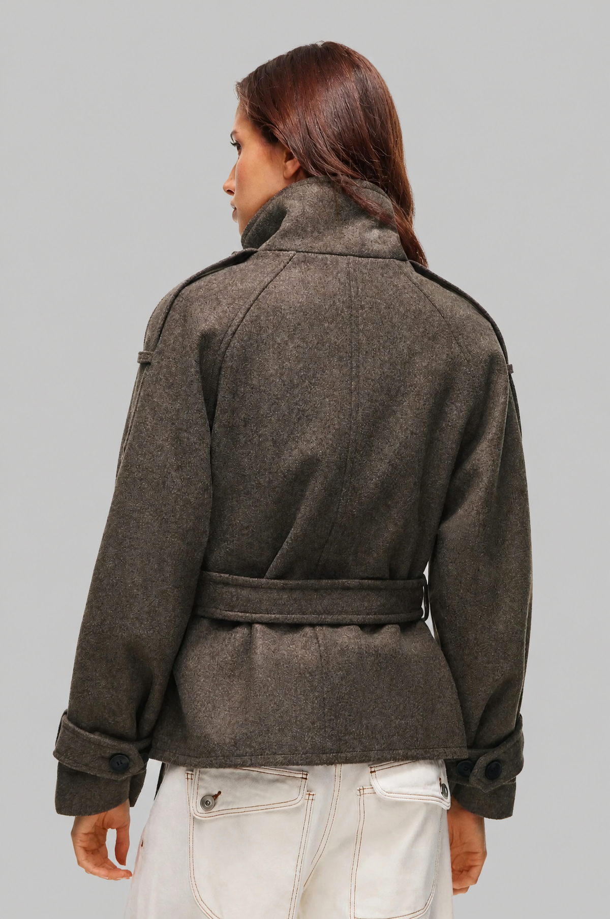 Women's Short Belted Coat with Funnel Neck and Double Breasted Front