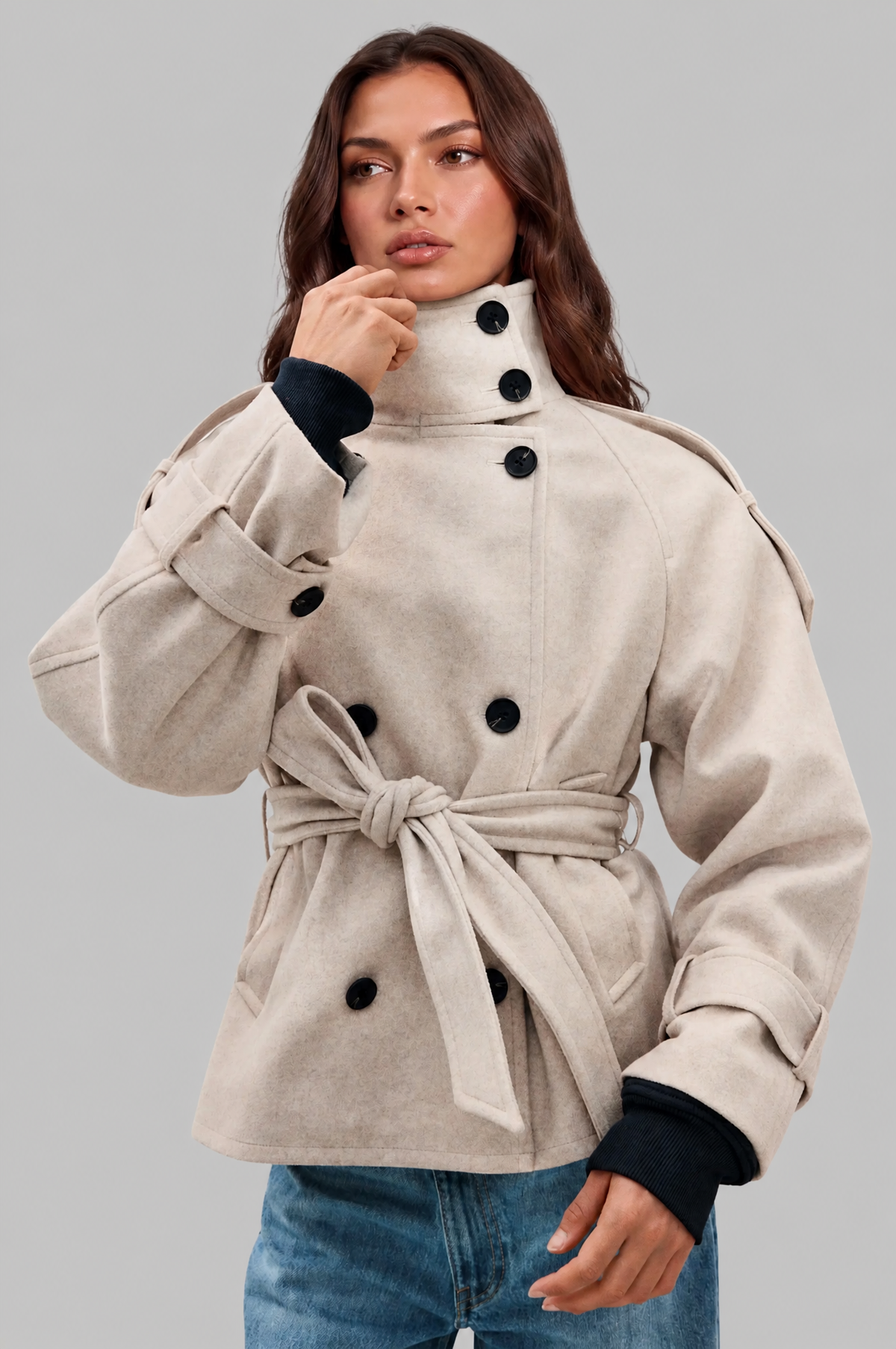 Women's Short Belted Coat with Funnel Neck and Double Breasted Front
