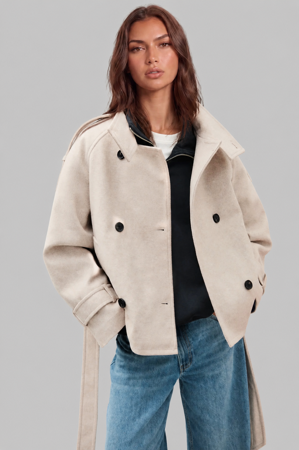 Women's Short Belted Coat with Funnel Neck and Double Breasted Front