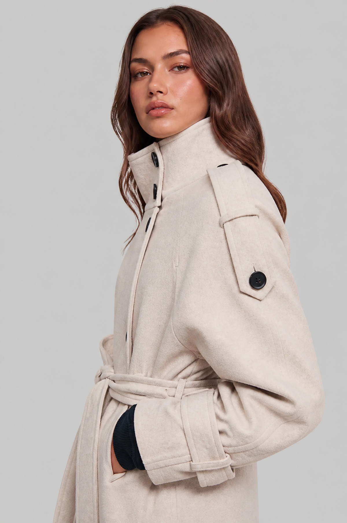 Women's Short Belted Coat with Funnel Neck and Double Breasted Front