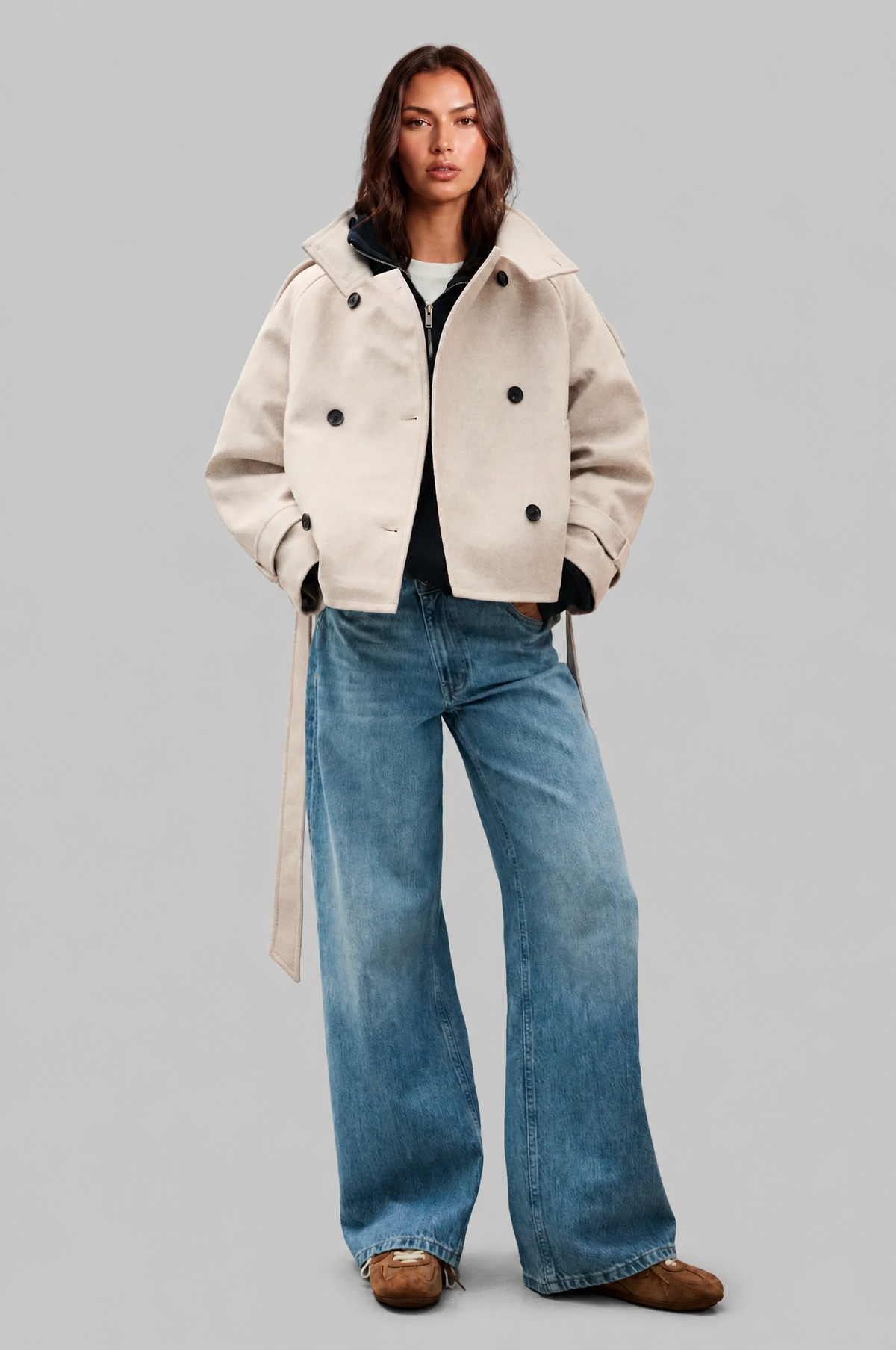 Women's Short Belted Coat with Funnel Neck and Double Breasted Front