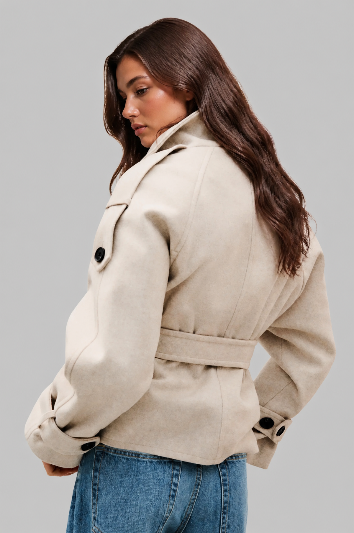Women's Short Belted Coat with Funnel Neck and Double Breasted Front