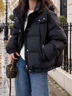 Women's Quilted Oversized Puffer Jacket with Cargo Pockets and Hood