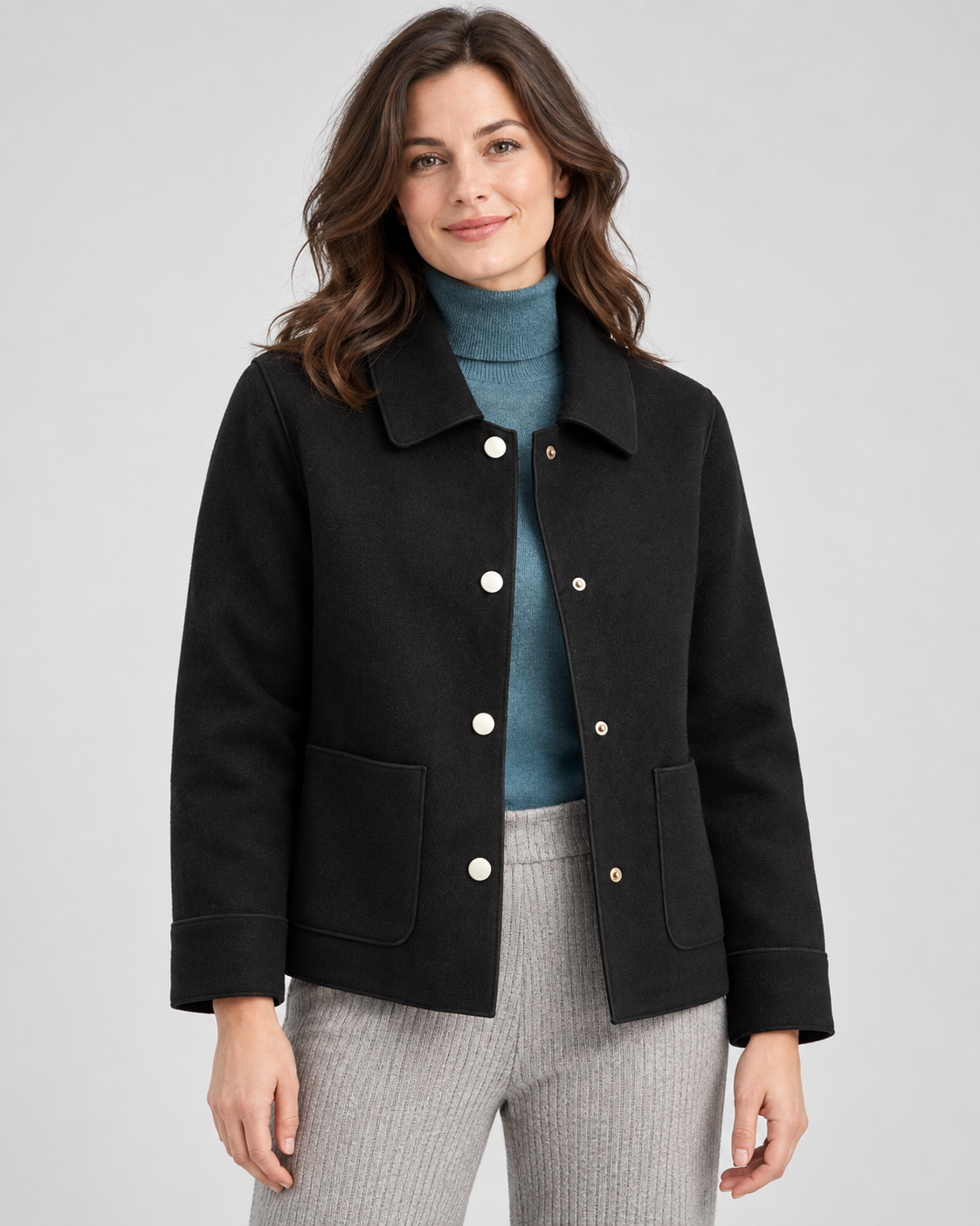 Women's Short Wool Look Jacket with Point Collar and Button Front