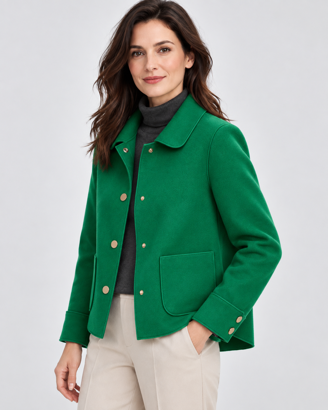 Women's Short Wool Look Jacket with Point Collar and Button Front