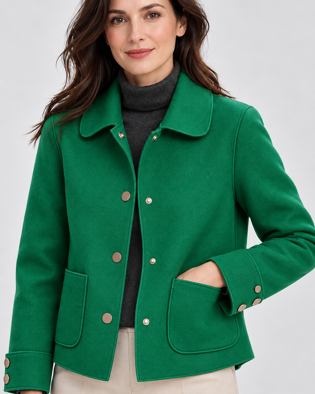 Women's Short Wool Look Jacket with Point Collar and Button Front