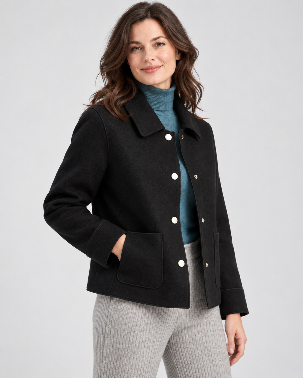 Women's Short Wool Look Jacket with Point Collar and Button Front