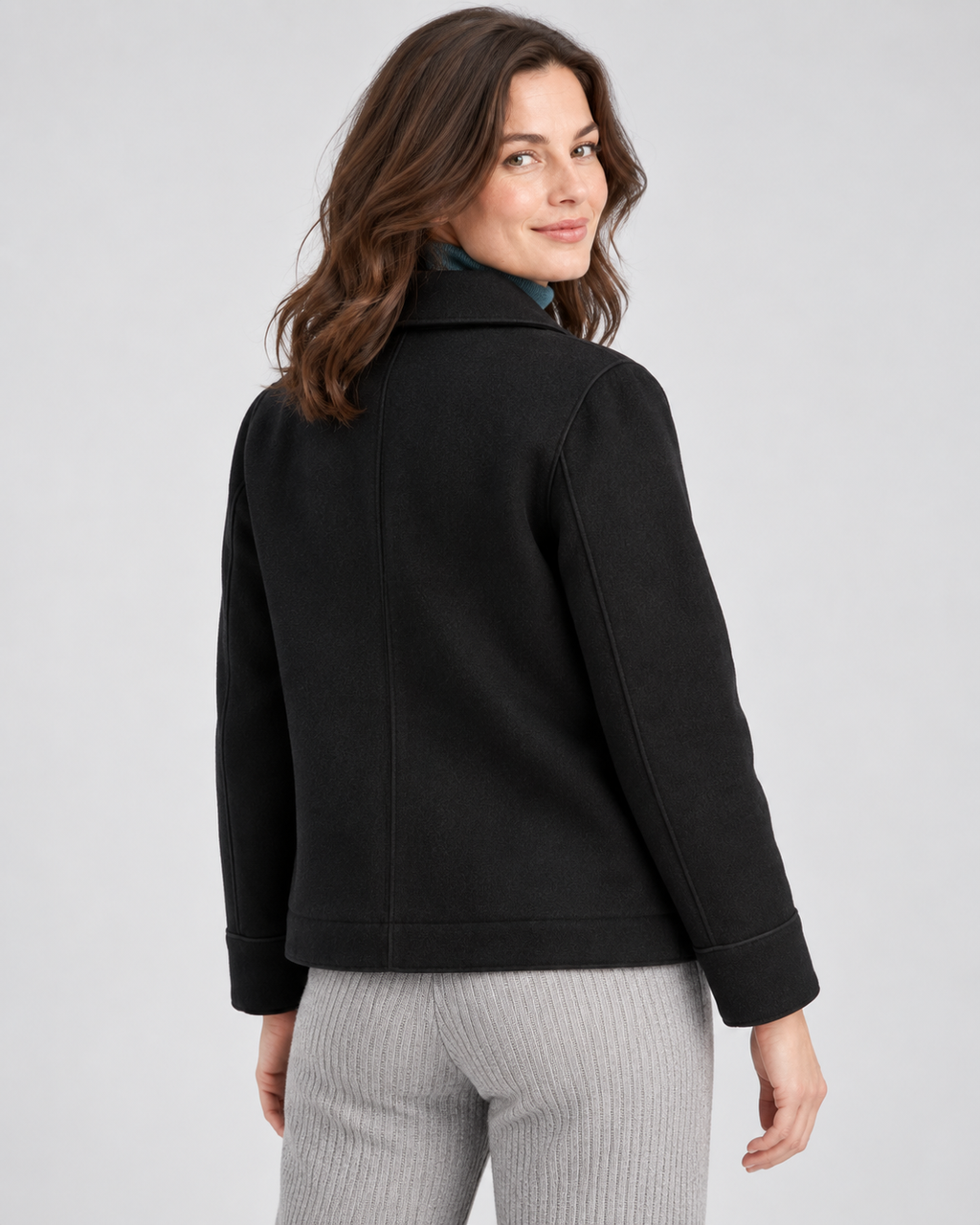 Women's Short Wool Look Jacket with Point Collar and Button Front