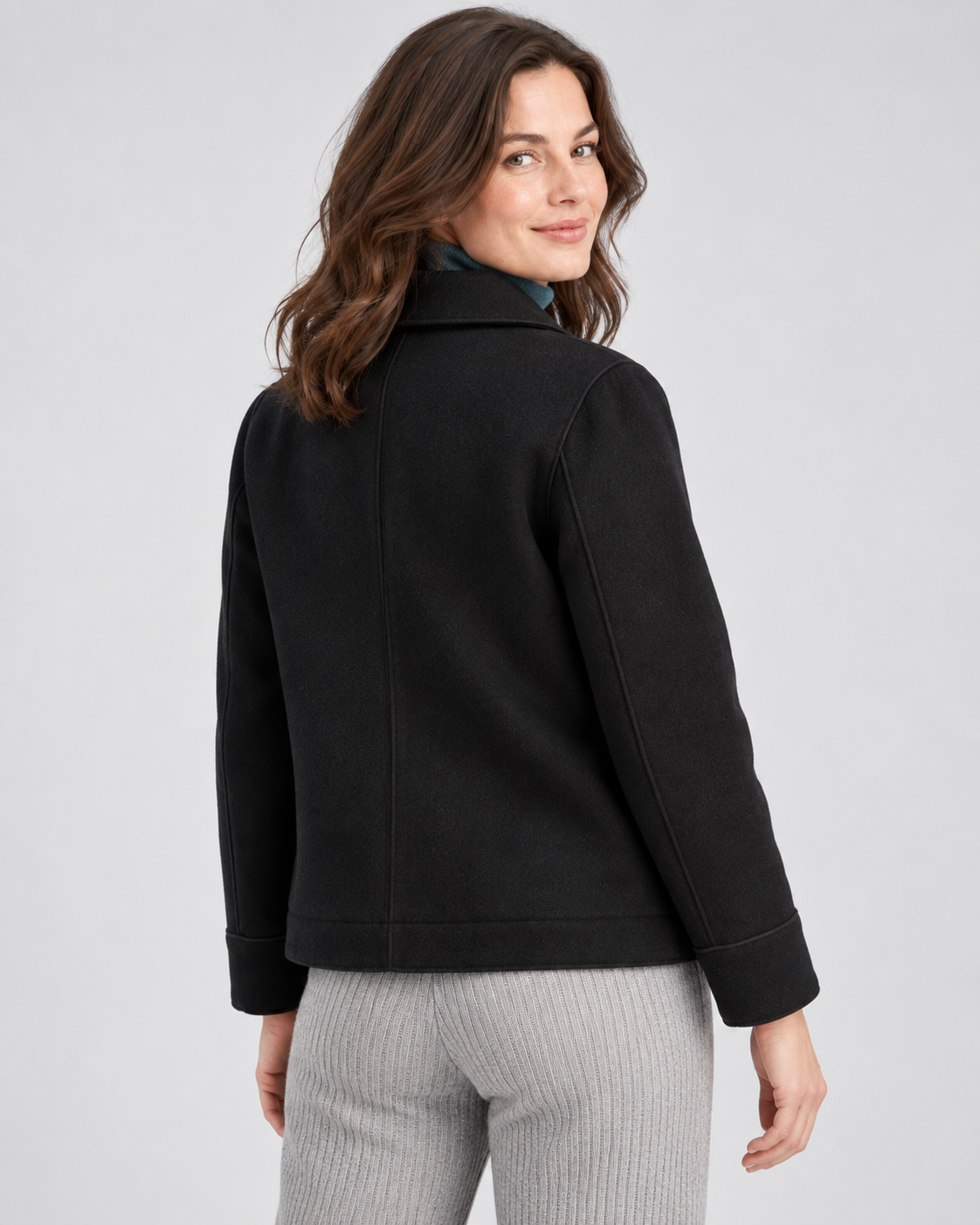 Women's Short Wool Look Jacket with Point Collar and Button Front