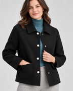 Women's Short Wool Look Jacket with Point Collar and Button Front