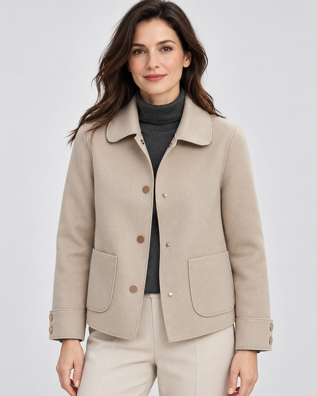 Women's Short Wool Look Jacket with Point Collar and Button Front