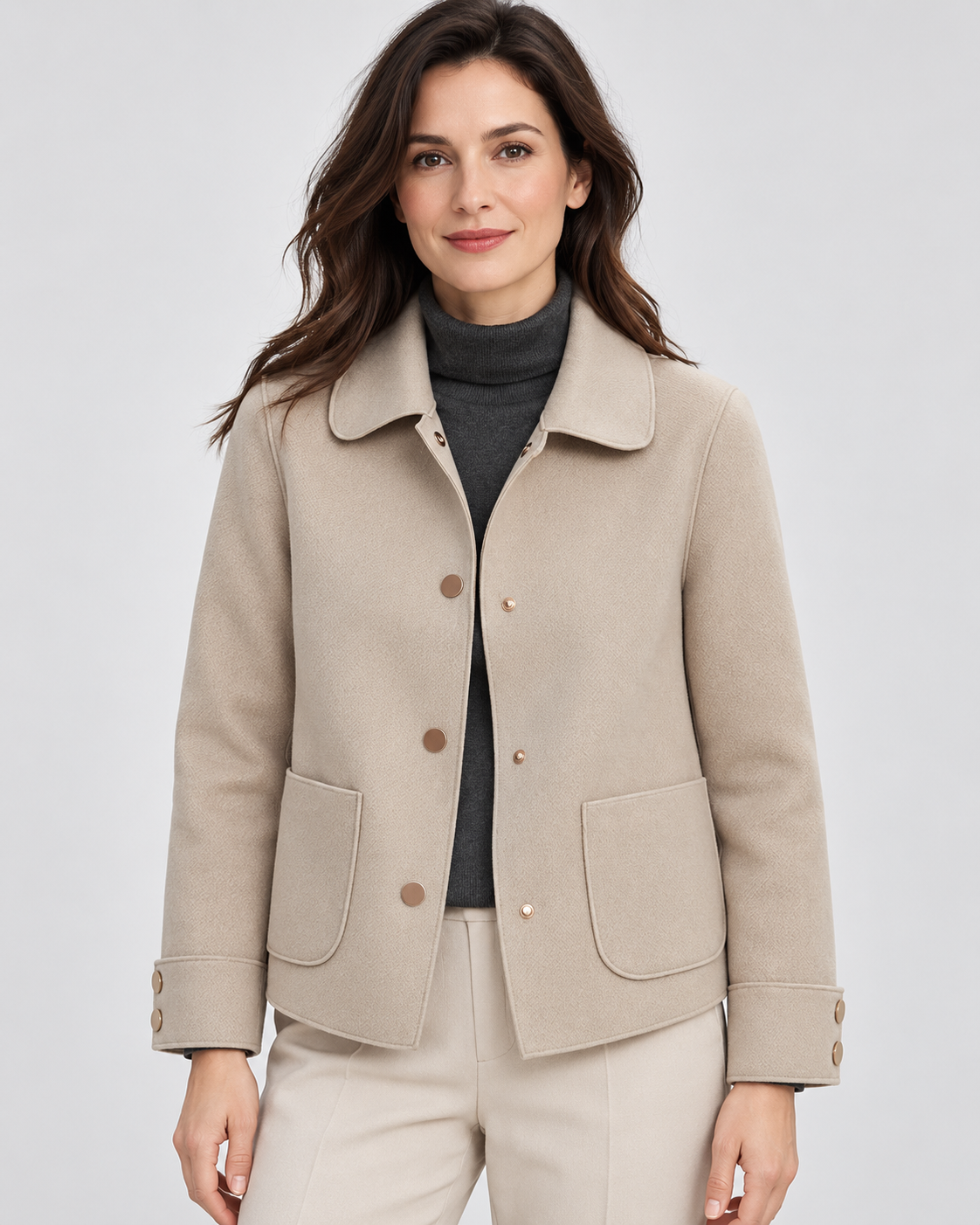 Women's Short Wool Look Jacket with Point Collar and Button Front