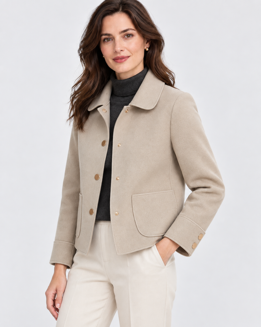 Women's Short Wool Look Jacket with Point Collar and Button Front