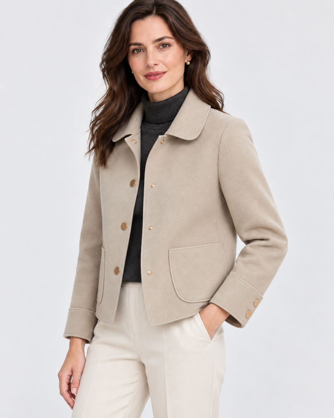 Women's Short Wool Look Jacket with Point Collar and Button Front