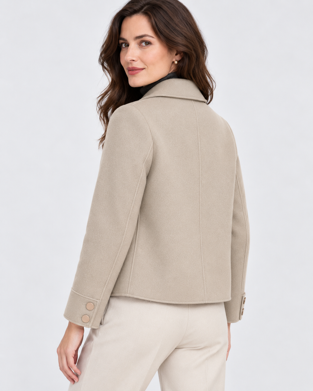 Women's Short Wool Look Jacket with Point Collar and Button Front