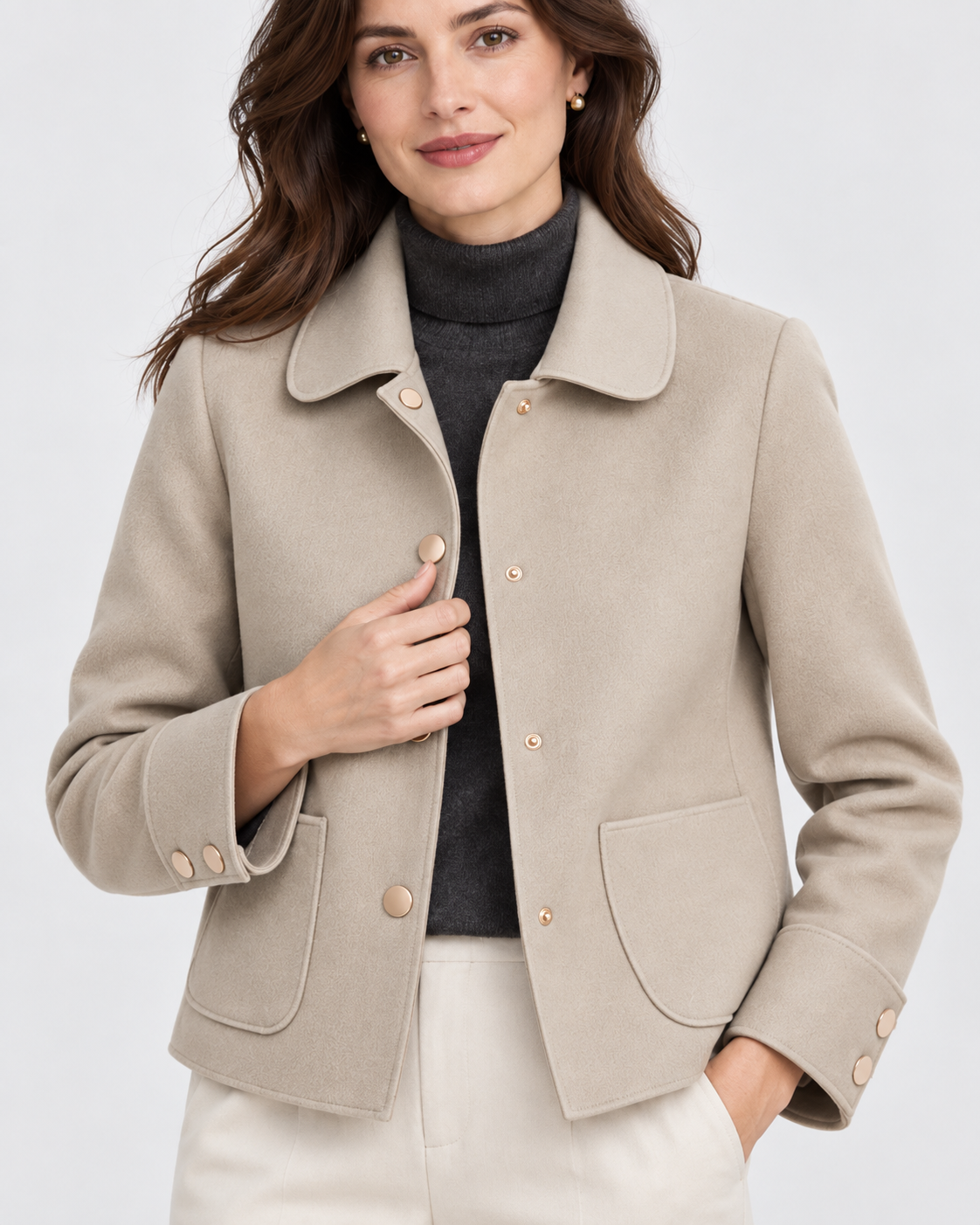 Women's Short Wool Look Jacket with Point Collar and Button Front
