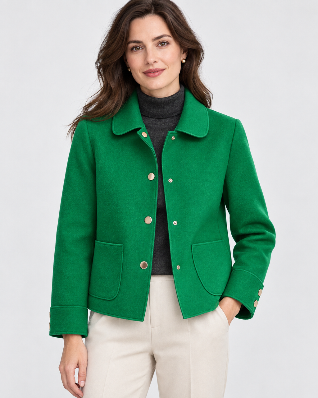Women's Short Wool Look Jacket with Point Collar and Button Front