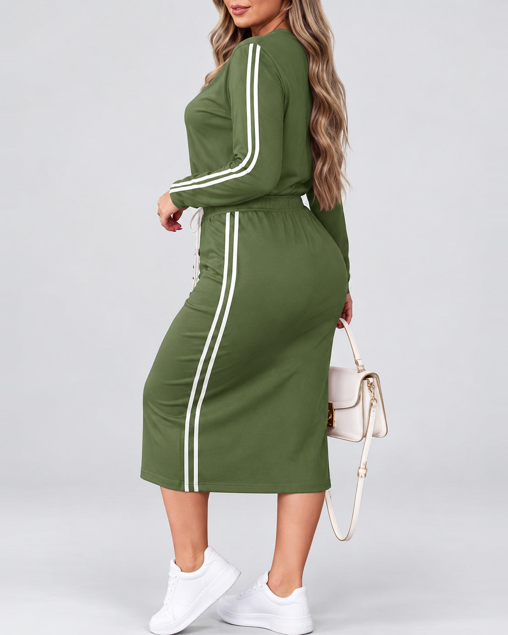 Women's Side Stripe Skirt Co-Ord Set with Long Sleeves and Drawstring Waist in Army Green – photo 2