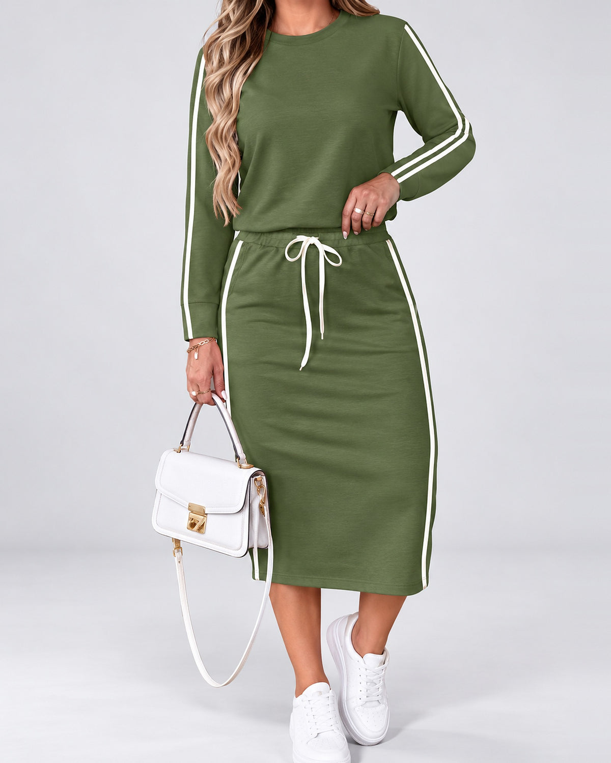 Women's Side Stripe Skirt Co-Ord Set with Long Sleeves and Drawstring Waist in Army Green – photo 3