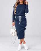 Women's Side Stripe Skirt Co-Ord Set with Long Sleeves and Drawstring Waist in Navy Blue – photo 1