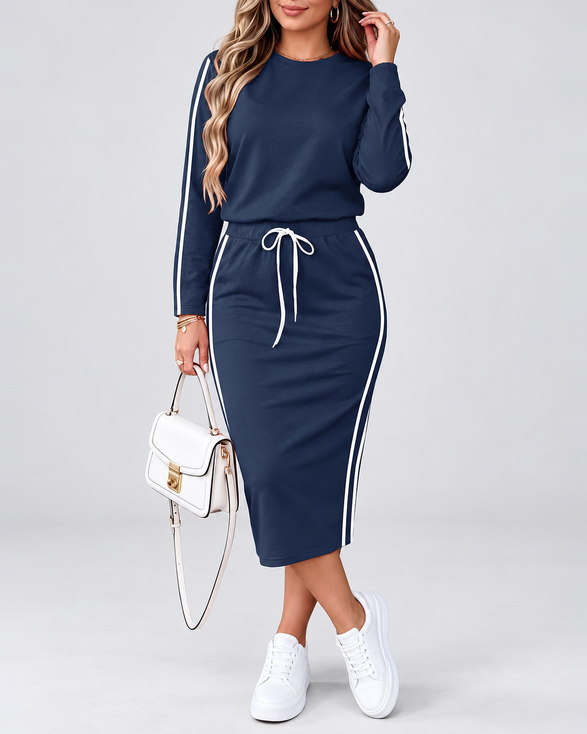 Women's Side Stripe Skirt Co-Ord Set with Long Sleeves and Drawstring Waist in Navy Blue – photo 1