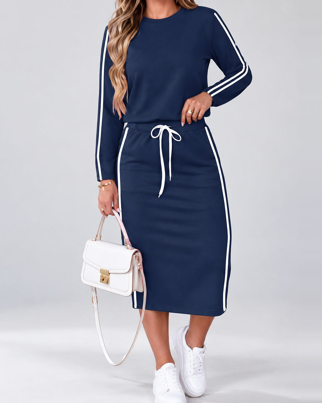 Women's Side Stripe Skirt Co-Ord Set with Long Sleeves and Drawstring Waist in Navy Blue – photo 3
